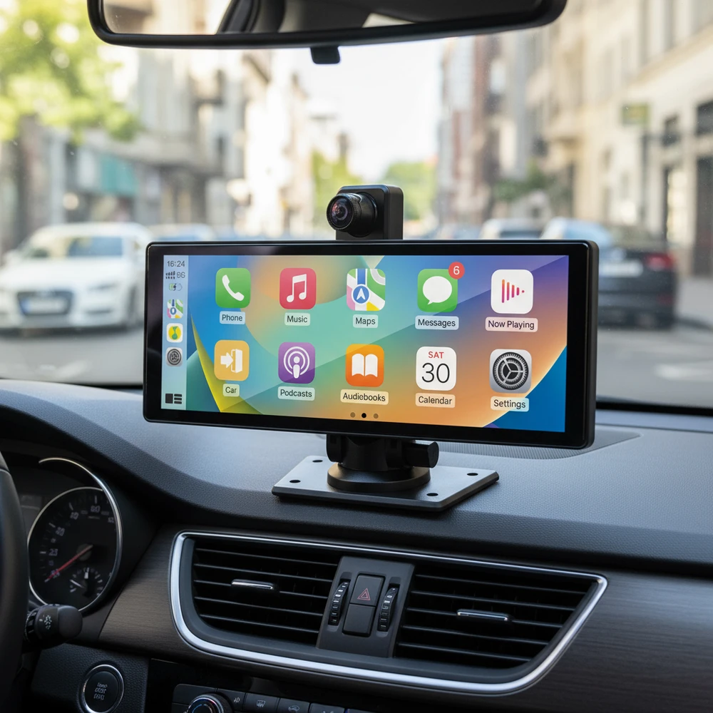 Automobilinis monitorius su DVR PNI D1026 10.26 colio DVR, belaidis Carplay, navigacija, muzika, laisvų rankų įranga, „Bluetooth“, FM siųstuvas