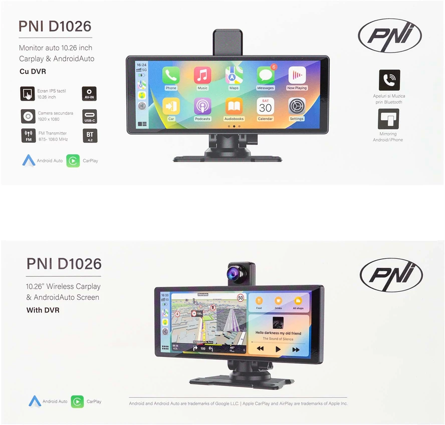 Automobilinis monitorius su DVR PNI D1026 10.26 colio DVR, belaidis Carplay, navigacija, muzika, laisvų rankų įranga, „Bluetooth“, FM siųstuvas