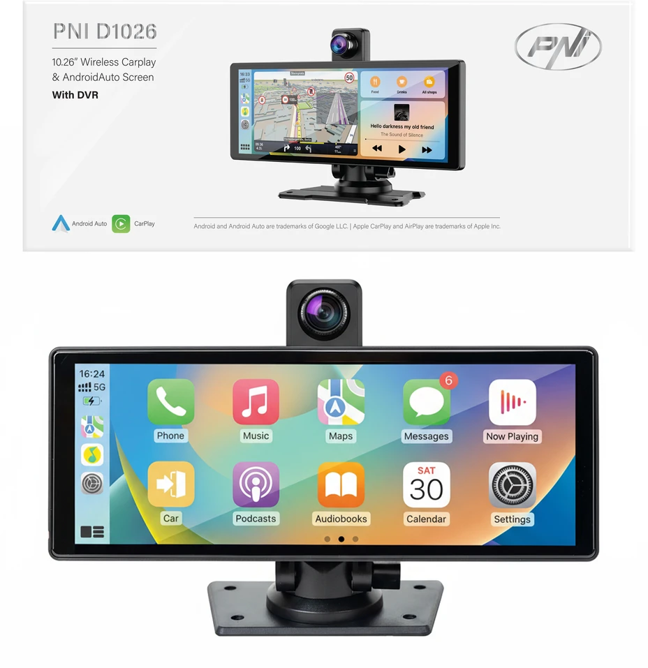 Automobilinis monitorius su DVR PNI D1026 10.26 colio DVR, belaidis Carplay, navigacija, muzika, laisvų rankų įranga, „Bluetooth“, FM siųstuvas