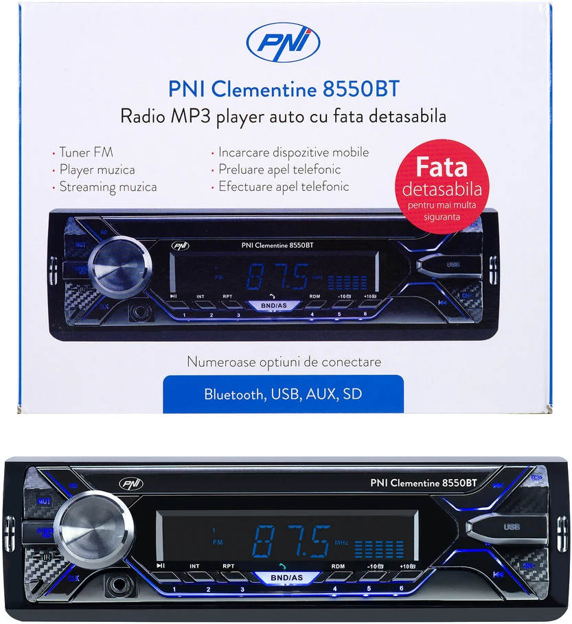 Automobilinis MP3 grotuvas PNI Clementine 8550BT, nuimamas skydelis, 4x45W, 12V, 1 DIN, su SD, USB, AUX, RCA