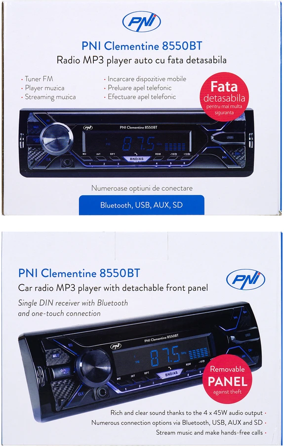 Automobilinis MP3 grotuvas PNI Clementine 8550BT, nuimamas skydelis, 4x45W, 12V, 1 DIN, su SD, USB, AUX, RCA