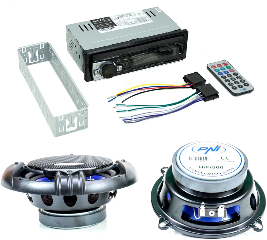 Automobilinis MP3 grotuvas PNI Clementine 8428BT 4x45W + koaksialiniai automobiliniai garsiakalbiai PNI HiFi500, 100W, 12,7 cm