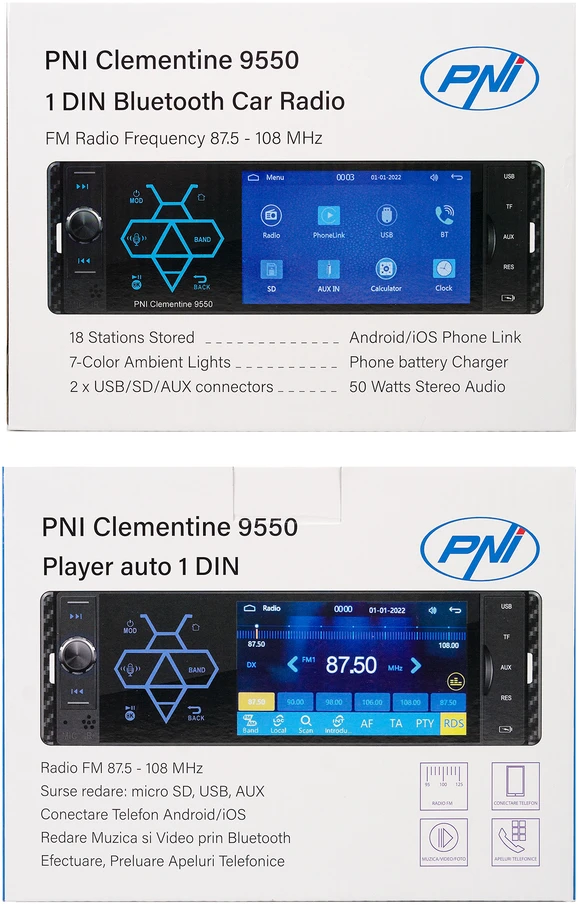 Automobilinis MP5 grotuvas PNI Clementine 9550 1DIN, 4 colių ekranas, 50Wx4, „Bluetooth“, FM radijas, „Carplay“, RDS funkcija