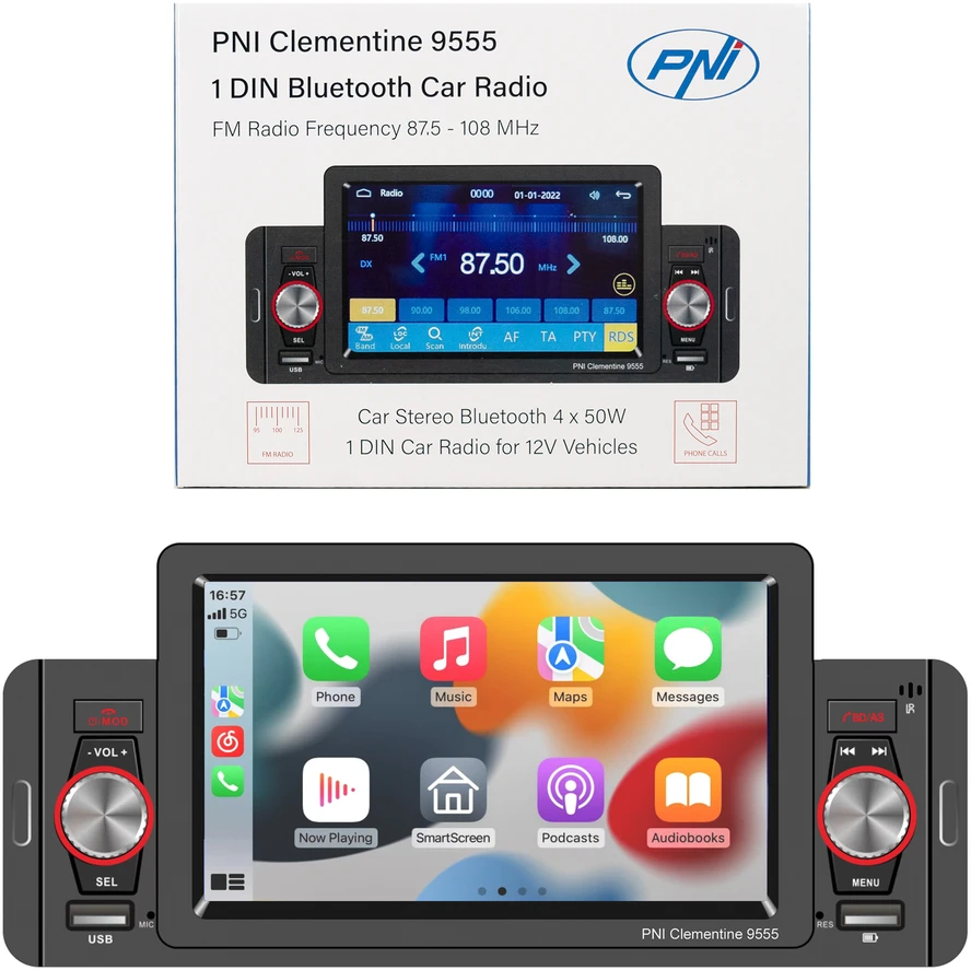 Automobilinis MP5 grotuvas PNI Clementine 9555 1DIN, 5 colių ekranas, 4 x 50W, „Bluetooth“, FM radijas, „Carplay“, RDS funkcija
