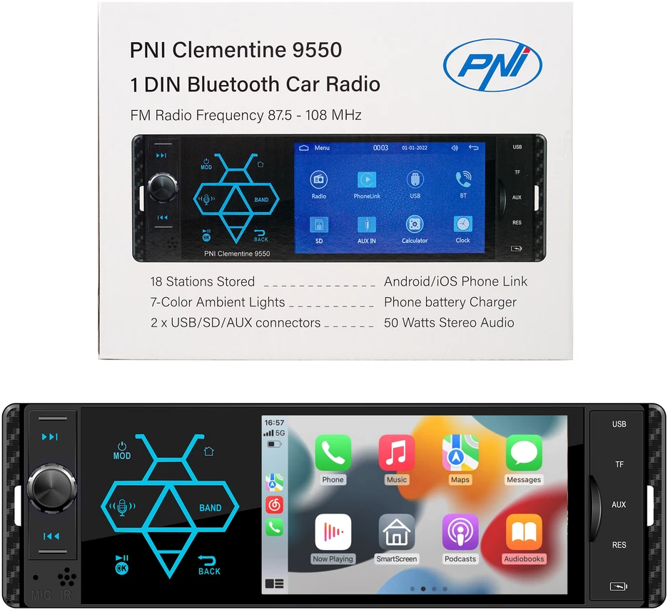 Automobilinis MP5 grotuvas PNI Clementine 9550 1DIN, 4 colių ekranas, 50Wx4, „Bluetooth“, FM radijas, „Carplay“, RDS funkcija