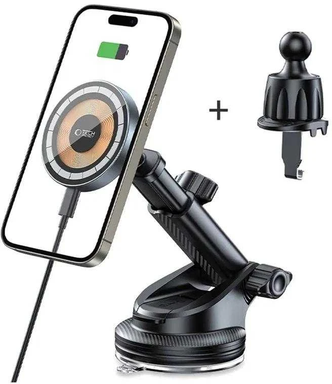 Automobilinis telefono laikiklis Tech-Protect MM15W MagSafe su belaidžiou įkrovimu 15W juodos spalvos