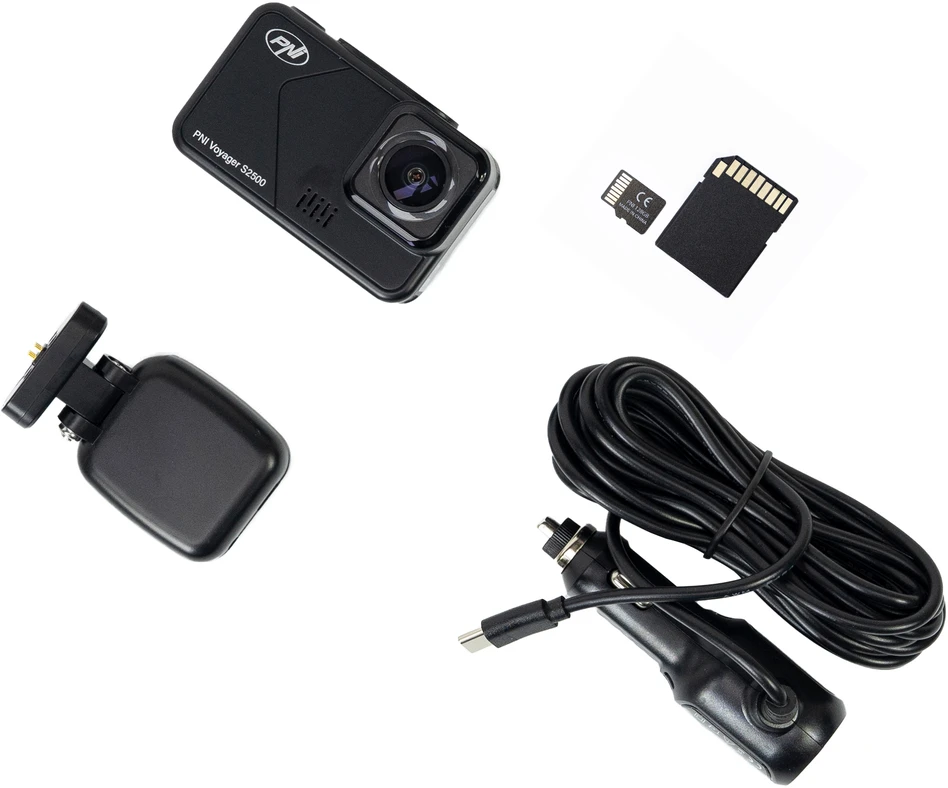 Automobilinis vaizdo registratorius PNI Voyager S2500 kameros komplektas, WiFi, 4K UHD, 2 colių ekranas ir 128GB Micro SD atminties kortelė komplekte