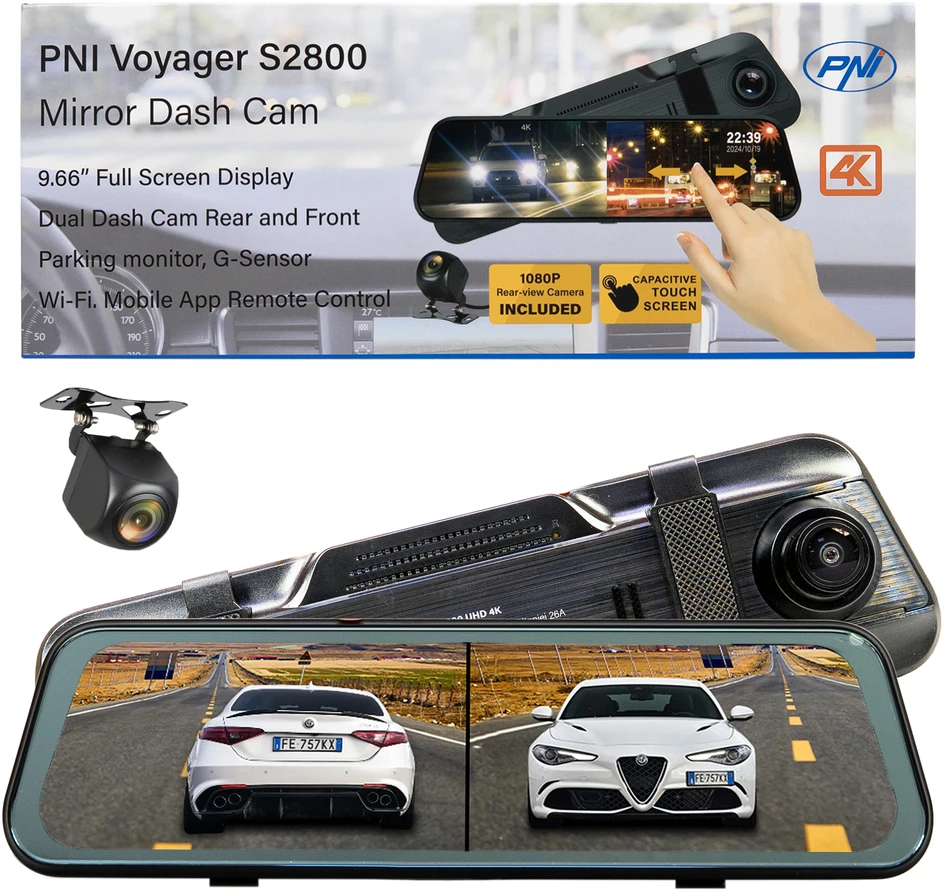 Automobilinis vaizdo registratorius PNI Voyager S2800 UHD 4K 170°, integruotas į galinio vaizdo veidrodėlį, 9.66 colio, IPS jutiklinis ekranas, parkavimo stebėjimas, G-sensorius, „micro SD“ kortelės lizdas, USB-C, GPS funkcija, „Wi-Fi“, valdymas programėle, pridedama galinio vaizdo kamera „Full HD“