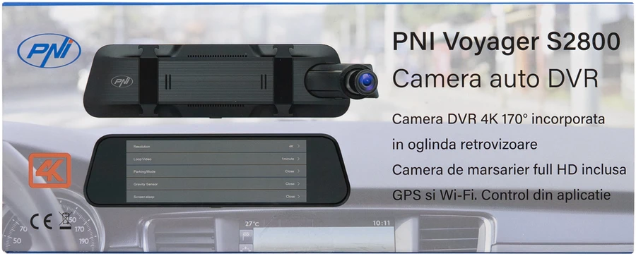 Automobilinis vaizdo registratorius PNI Voyager S2800 UHD 4K 170°, integruotas į galinio vaizdo veidrodėlį, 9.66 colio, IPS jutiklinis ekranas, parkavimo stebėjimas, G-sensorius, „micro SD“ kortelės lizdas, USB-C, GPS funkcija, „Wi-Fi“, valdymas programėle, pridedama galinio vaizdo kamera „Full HD“