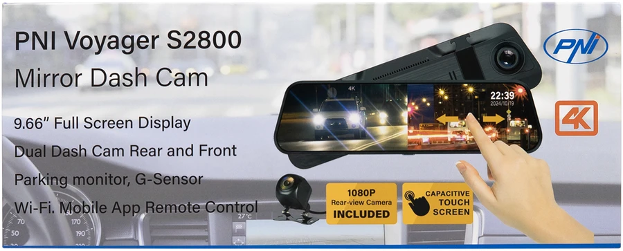 Automobilinis vaizdo registratorius PNI Voyager S2800 UHD 4K 170°, integruotas į galinio vaizdo veidrodėlį, 9.66 colio, IPS jutiklinis ekranas, parkavimo stebėjimas, G-sensorius, „micro SD“ kortelės lizdas, USB-C, GPS funkcija, „Wi-Fi“, valdymas programėle, pridedama galinio vaizdo kamera „Full HD“