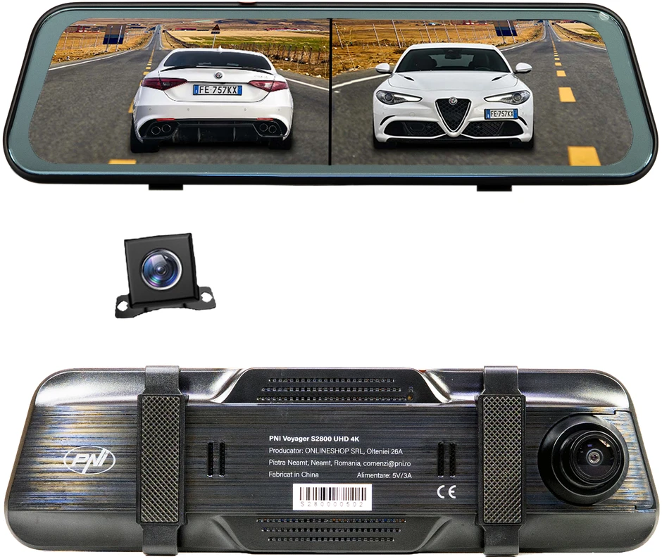Automobilinis vaizdo registratorius PNI Voyager S2800 UHD 4K 170°, integruotas į galinio vaizdo veidrodėlį, 9.66 colio, IPS jutiklinis ekranas, parkavimo stebėjimas, G-sensorius, „micro SD“ kortelės lizdas, USB-C, GPS funkcija, „Wi-Fi“, valdymas programėle, pridedama galinio vaizdo kamera „Full HD“