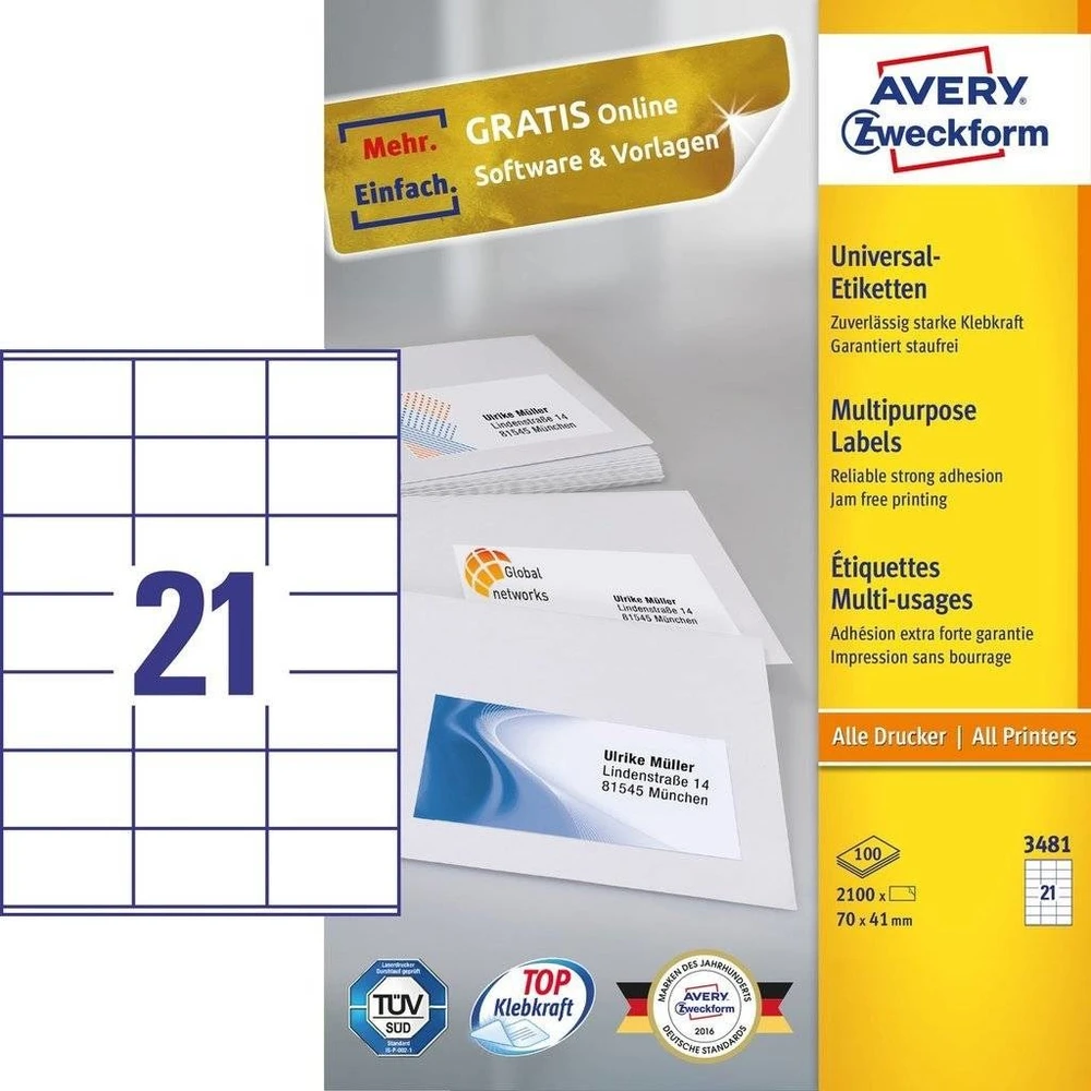 Lipnios etiketės Avery Zweckform, A4, 70x41mm, 21 etiketė lape, 100 lapų, baltos spalvos