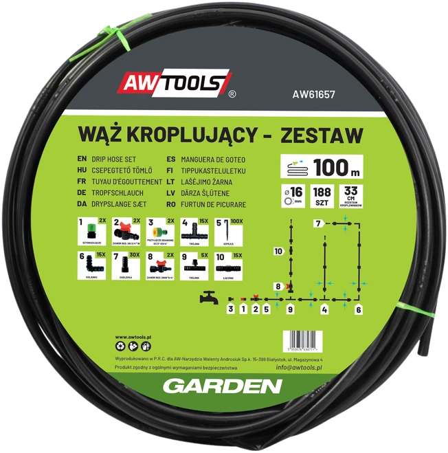 AW-Tools Drėkinimo sistema AWTools AW61657; 100 m; 188 vnt.