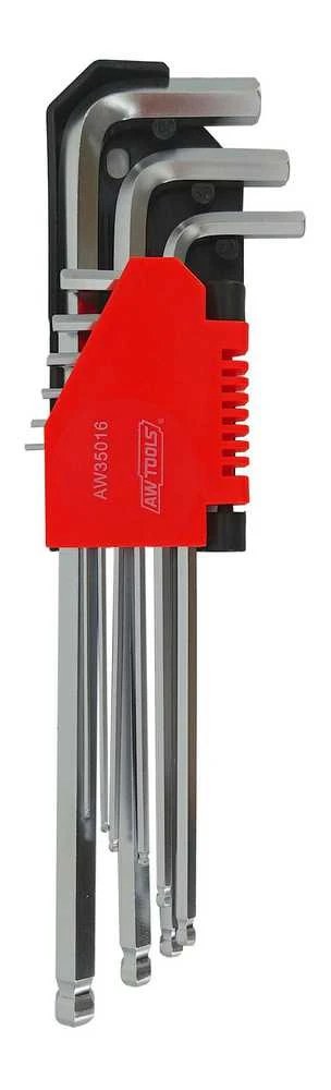 AW-Tools AWTOOLS ŠEŠIAKAMPIAI RAKTAI HEX /1,5-10,0mm/ 9vnt. SU RUTULINE GALVUTE ILGI Juodas LINE