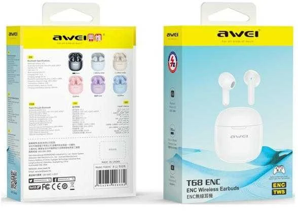 AWEI T68 ENC ausinių pakuotė su techninėmis charakteristikomis
