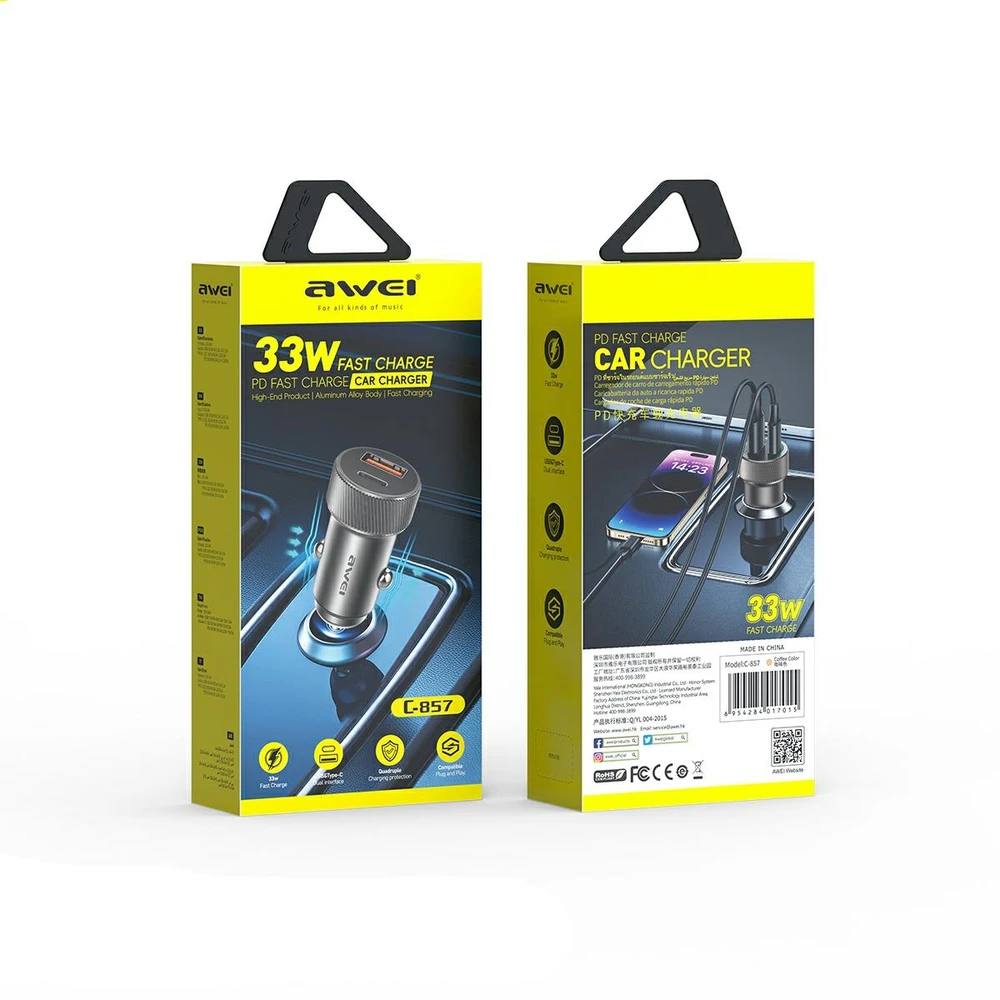 AWEI automobilinis įkroviklis C-857 33W USB+USB-C ruda