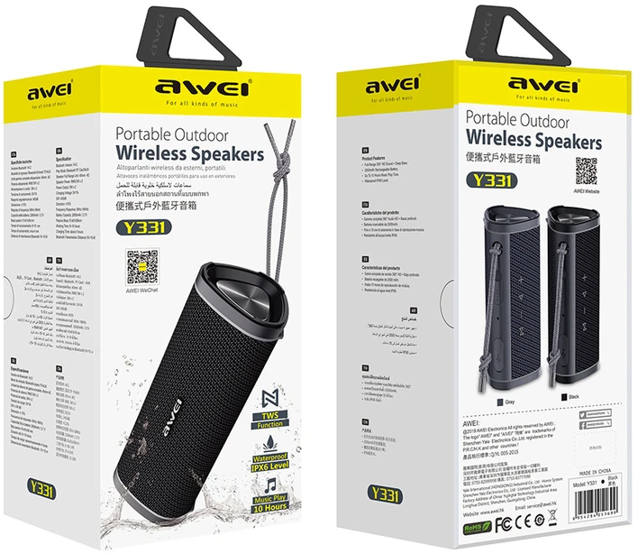 Awei Nešiojama kolonėlė Bluetooth Y331 TWS waterproof IPX6 juodos spalvos