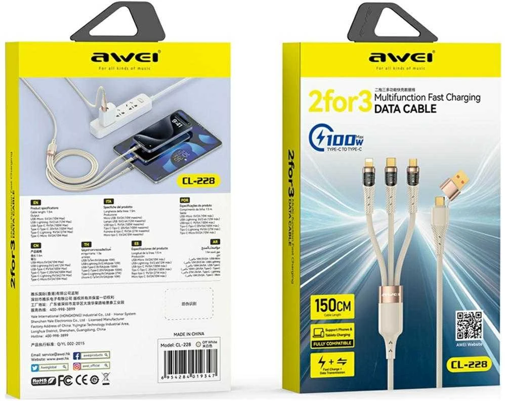 AWEI CL-228 usb-c/lightning/mico 3in2 kabelis juodos spalvos