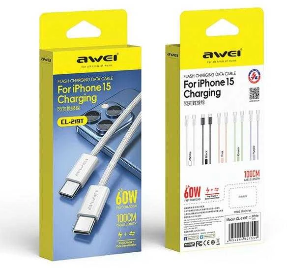 AWEI CL-219T USB-C į USB-C60W juodos spalvos Apple iPhone 15 kabelis