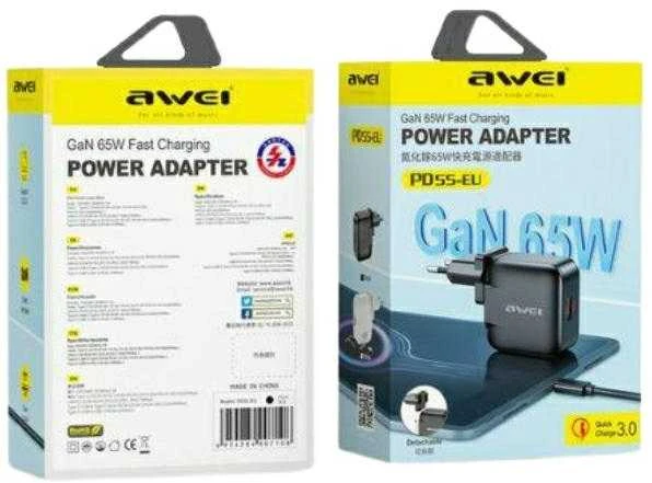 AWEI charger PD55-EU 65WUSB + USB-C juodos spalvos GaN
