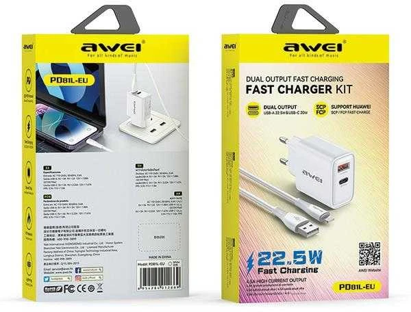 Įkroviklis Awei PD81L-EU 22.5W USB-A/USB-C + USB į Lightning laidas 1.0m baltas