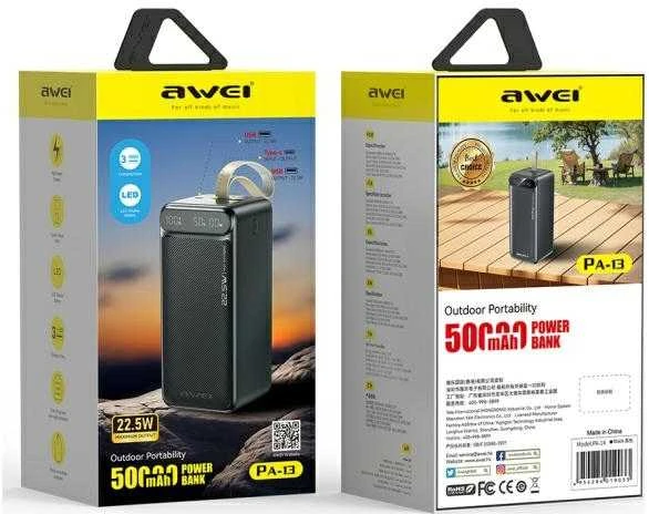 AWEI PowerBank PA-13 50000mAh 22.5W juodos spalvos