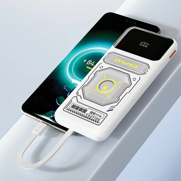 AWEI išorinė baterija su integruotu „Lightning“ / USB-C laidu P77K 10000mAh juodos spalvos 22.5W