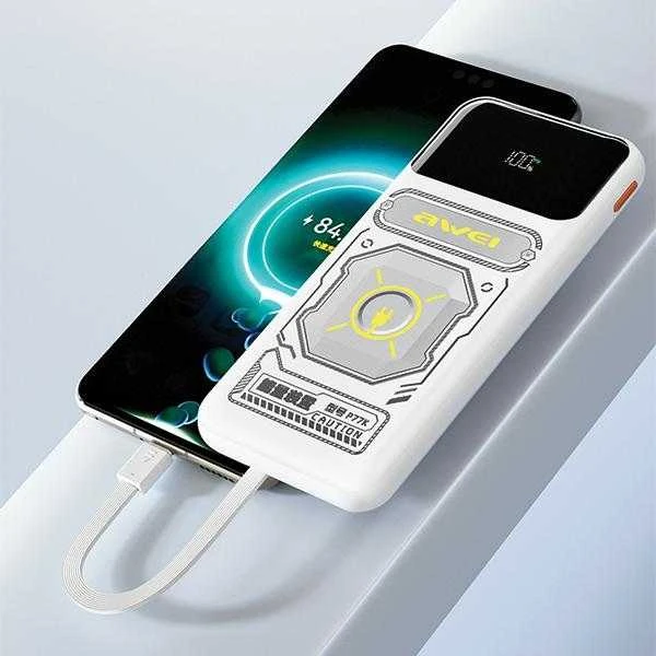 AWEI išorinė baterija su integruotu „Lightning“ / USB-C laidu P77K 10000mAh juodos spalvos 22.5W