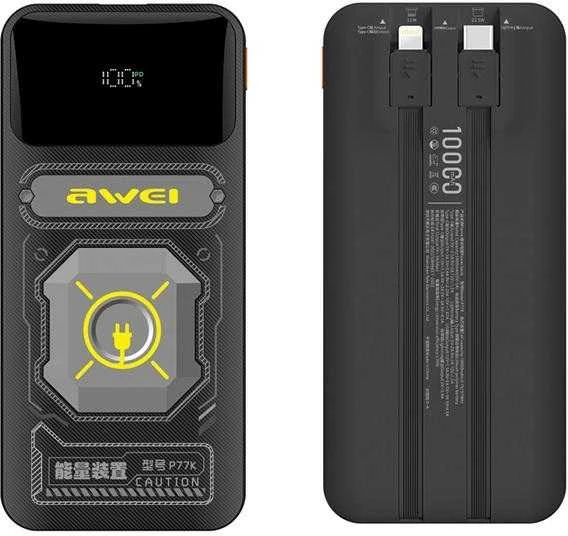AWEI išorinė baterija su integruotu „Lightning“ / USB-C laidu P77K 10000mAh juodos spalvos 22.5W