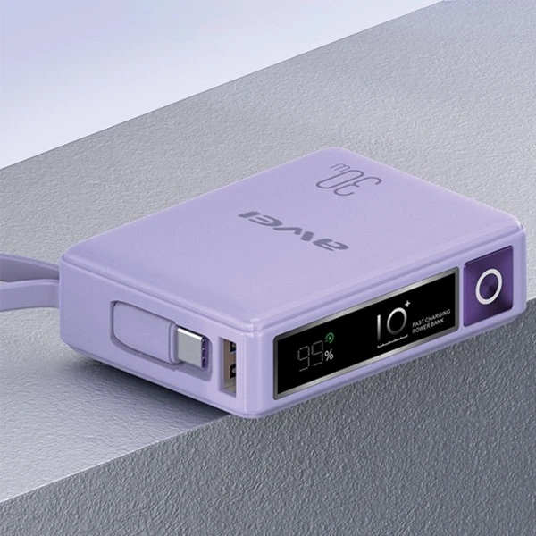 AWEI PowerBank with built-in cableP87K 10000mAh juodos spalvos 30W
