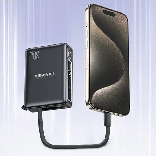 AWEI PowerBank with built-in cableP87K 10000mAh juodos spalvos 30W