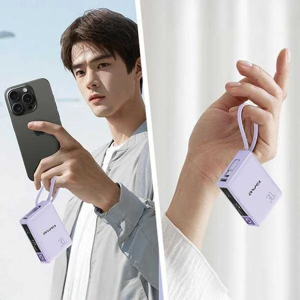 AWEI PowerBank with built-in cableP87K 10000mAh juodos spalvos 30W