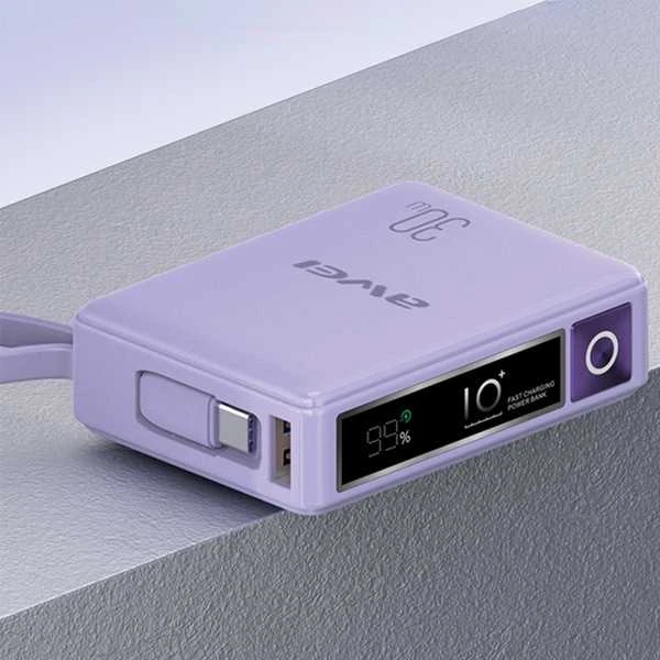 AWEI PowerBank with built-in cableP87K 10000mAh juodos spalvos 30W