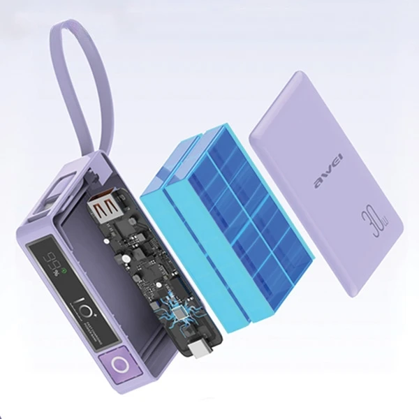 AWEI PowerBank with built-in cableP87K 10000mAh juodos spalvos 30W