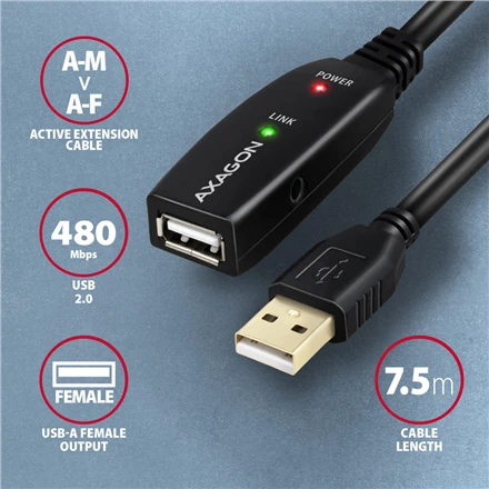 AXAGON | Aktyvus prailginimo kabelis, 7,5 m | ADR-207 | USB A tipo į USB A tipo