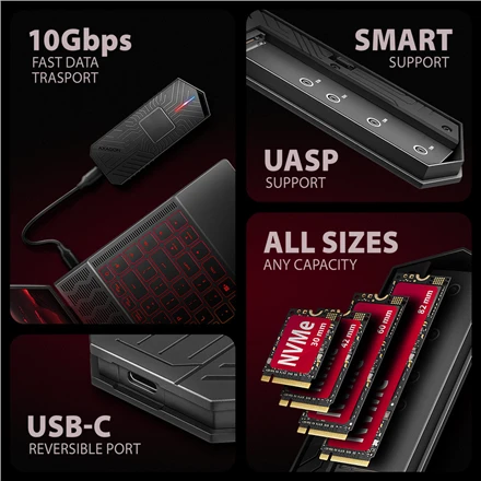 „AXAGON USB-C 10Gbps“ – M.2 NVMe ir SATA SSD GAME M.2 dėžutė | EEM2-GAM