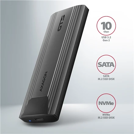 „AXAGON USB-C 10Gbps“ – M.2 NVMe ir SATA SSD plona dėžutė be atsuktuvų | EEM2-GTS2