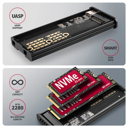 „AXAGON“ išorinė metalinė dėžutė su USB-C 10 Gbps prievadu ir informaciniu ekranu, skirta M.2 NVMe ir SATA SSD diskams | EEM2-SD2