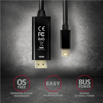 AXAGON RVDM-HI14C2 Mini DisplayPort į HDMI adapterio kabelis, 4K/30 Hz, 180 cm ilgio, juodas