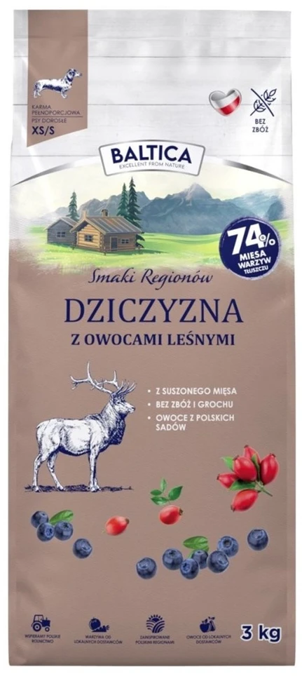 BALTICA Regionų skoniai Elniena su miško uogomis Mažų veislių vištoms – dešrelės Maistas šunims – 3kg