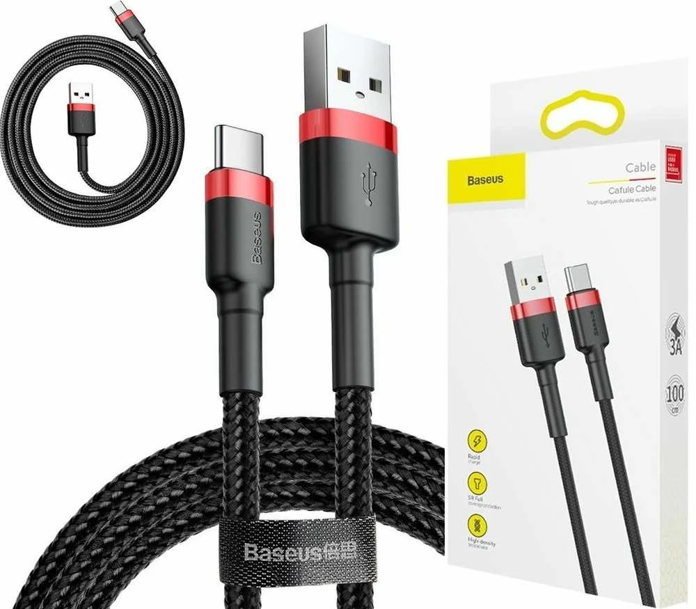 Kabelis Baseus USB2.0 A kištukas - USB C kištukas 1 m, QC3.0 su nailoniniu šarvu , raudonas/juodas