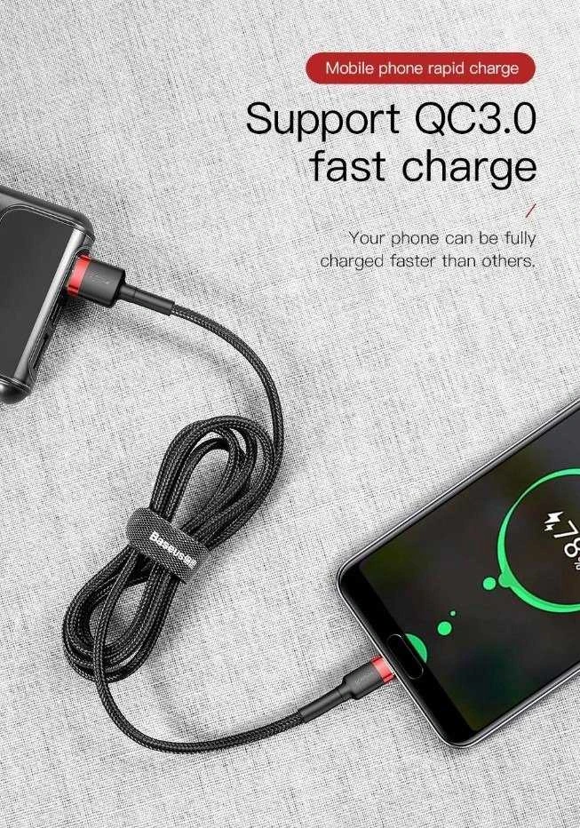 Kabelis Baseus USB2.0 A kištukas - USB C kištukas 1 m, QC3.0 su nailoniniu šarvu , raudonas/juodas