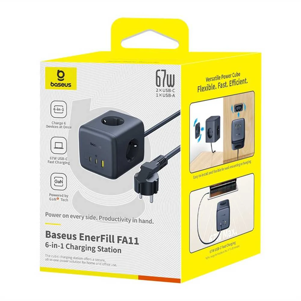 Baseus EnerFill FA11 67W Power Strip, USB-A + USB-C Cube + 3 x EU Socket 1.5m – juodos spalvos