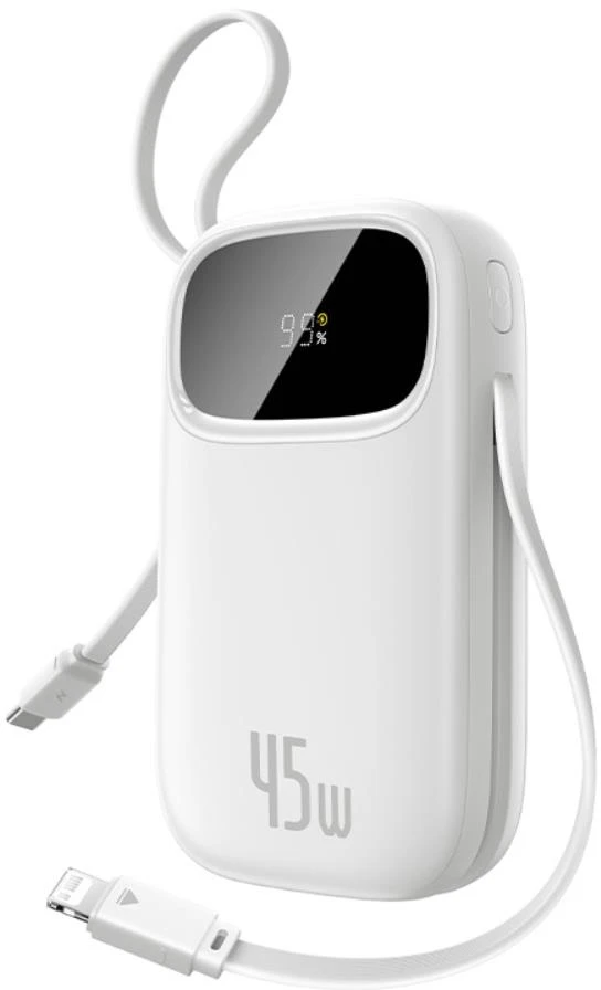 Baseus „EnerFill FC31“ 20000mAh 45W išorinė baterija su skaitmeniniu ekranu ir 2 integruotais laidais (USB-C + „Lightning“) – balta