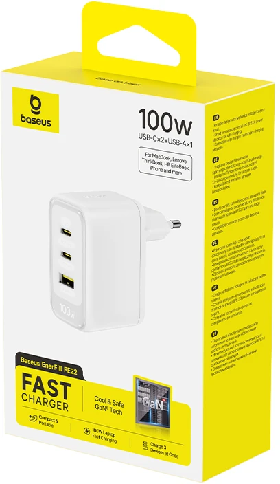 Baseus Enerfill FE22 sieninis įkroviklis 100W 2C+U baltas
