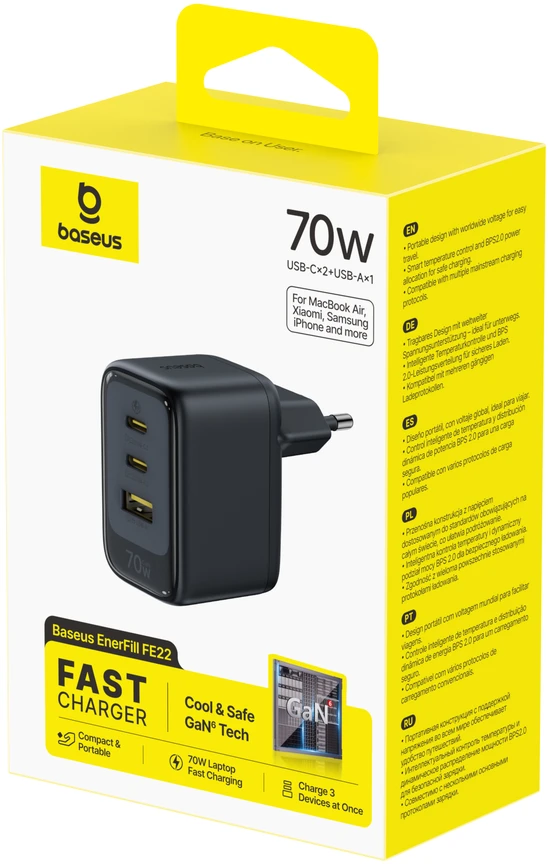 Baseus Enerfill FE22 sieninis įkroviklis 70W 2C+U juodas