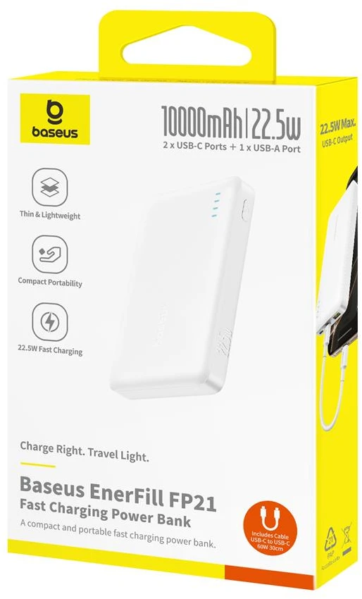 Baseus EnerFill FP21 10000 mAh USB-A USB-C 22.5W balta