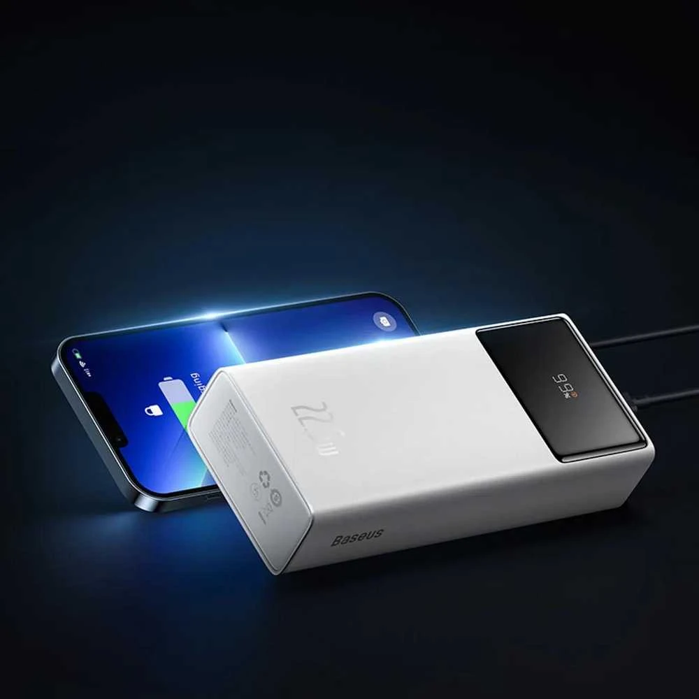 Baseus EnerFill FP41 30000mAh 22.5W Powerbank su Baseus Simple USB-A – USB-C 3A 30cm Kabelis – baltos spalvos