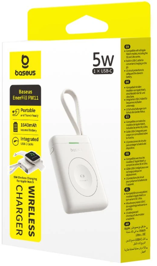 Baseus EnerFill FW11 nešiojamas belaidis įkroviklis Watch laikrodžiui su integruotu laidu 5W baltas
