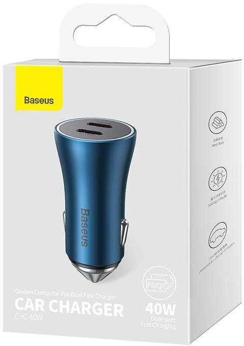 Baseus Golden Contactor Pro automobilinis įkroviklis 2x USB-C 40W - mėlynas